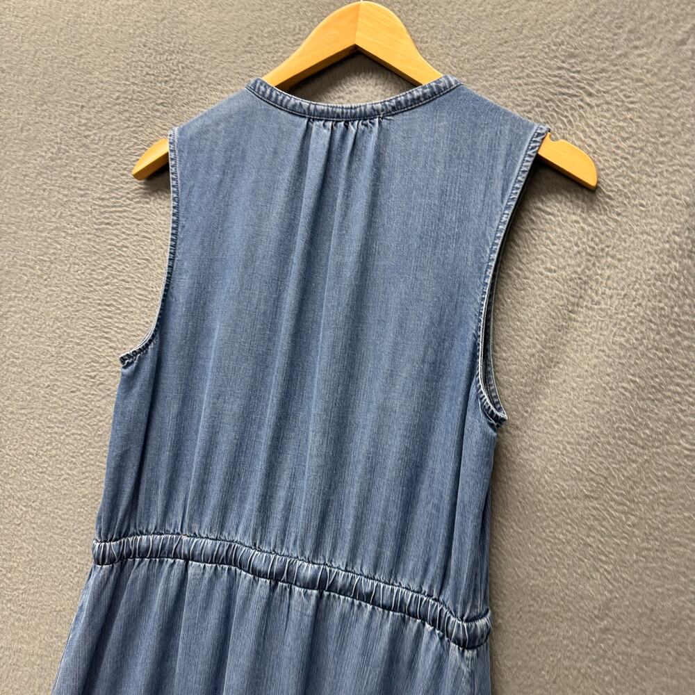Lands End Tiered Dress Blue Chambray V-Neck Coastal Midi + Pockets Womens Medium - Picture 9 of 11